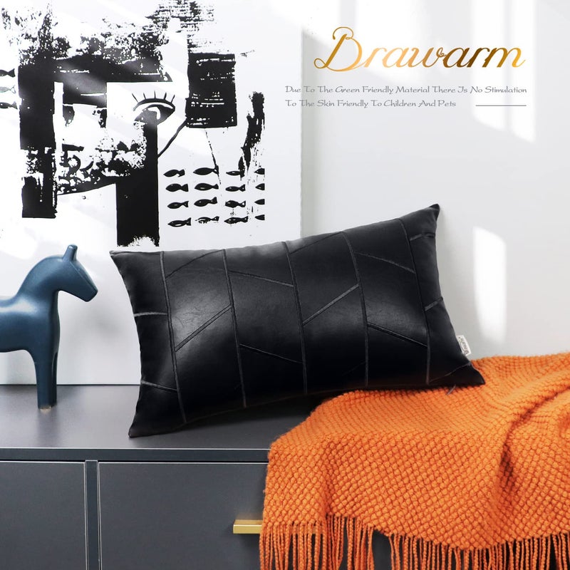 BRAWARM Faux Leather Pillow Covers 12 X 20 Inches, Black Leather Lumbar Pillow Covers Pack of 2, Geometric Embroidery Leather Decorative Throw Pillows for Living Room Couch Bed Sofa Home - Image 4